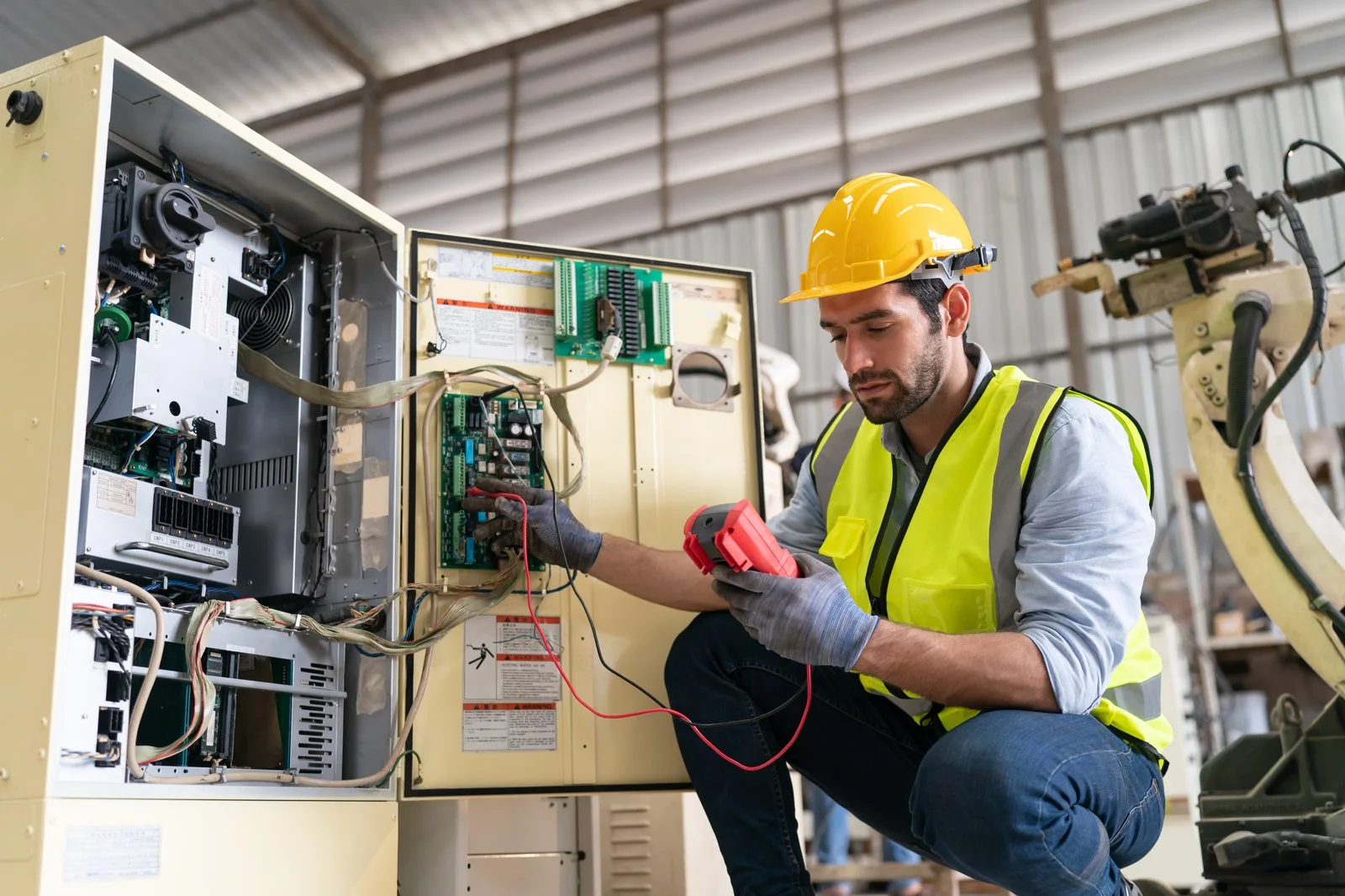 Técnico realizando mediciones en un equipo eléctrico industrial