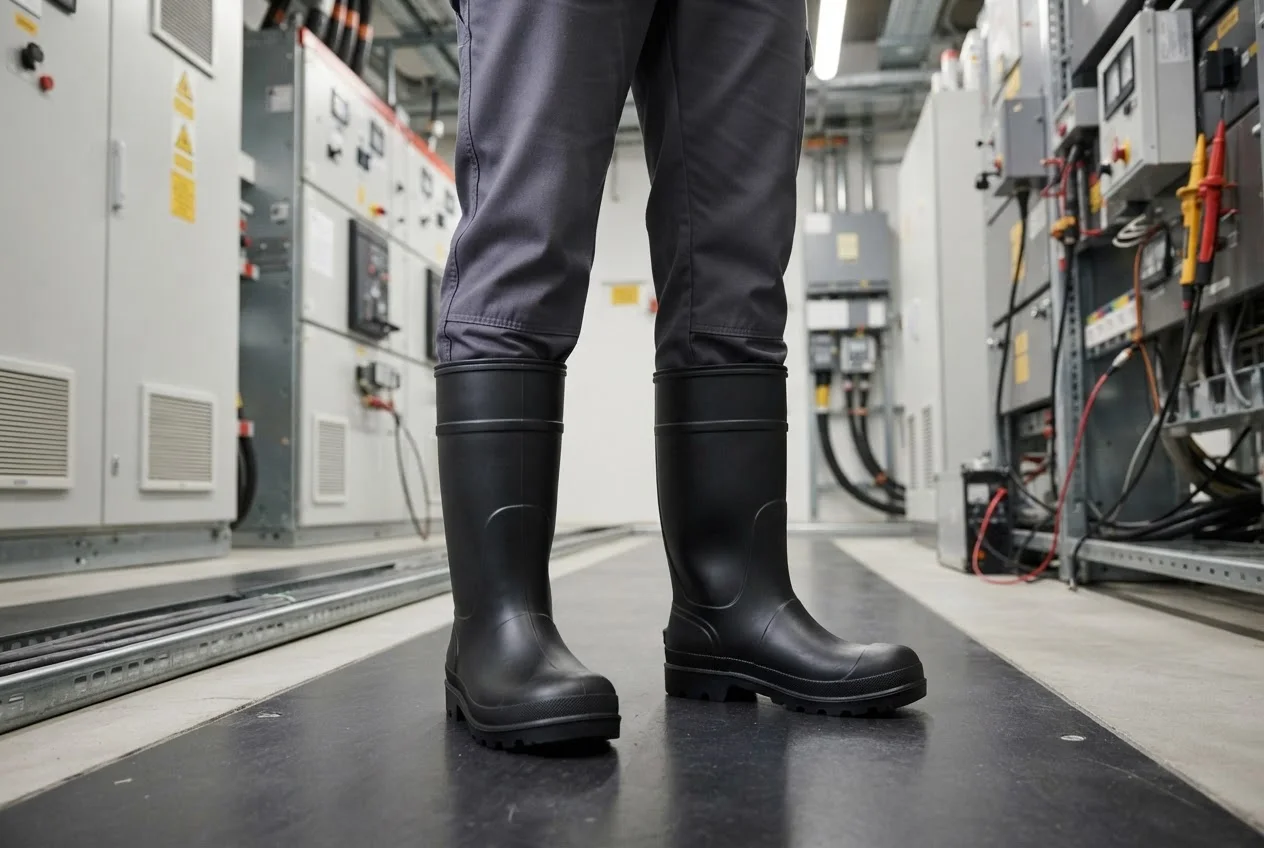 Técnico usando sobrebotas de caucho dieléctrico