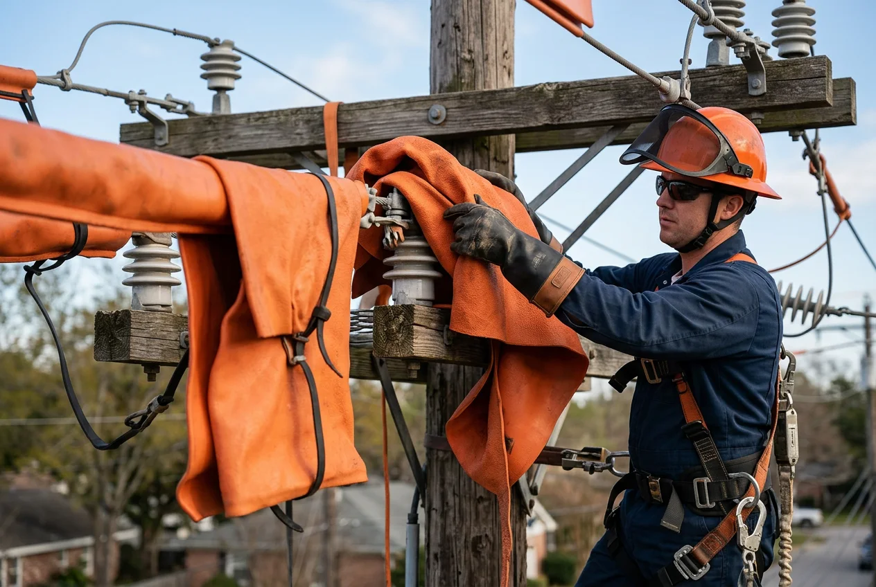 Manta de caucho aislante instalada sobre equipos de distribución eléctrica
